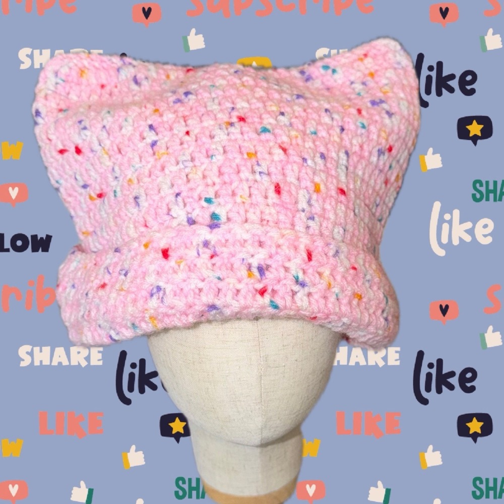 Handmade‎ Crochet Pink Confetti Cat Ear Beanie Hat Adult Teen Gift